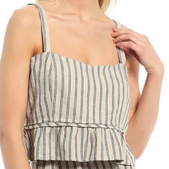 NWT 1.State Striped Linen Peplum Sleeveless Square Neck Crop Top - Picture 1 of 6
